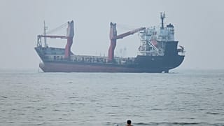 A group of people stands in shallow water as a cargo ship appears anchored in the Strait of Hormuz off Bandar Abbas, Iran, Tuesday, June 30, 2026.