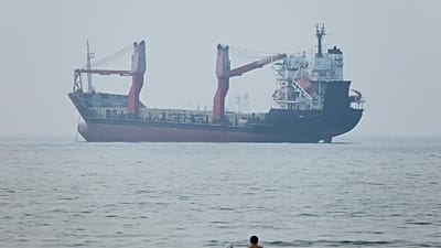 A group of people stands in shallow water as a cargo ship appears anchored in the Strait of Hormuz off Bandar Abbas, Iran, Tuesday, June 30, 2026.