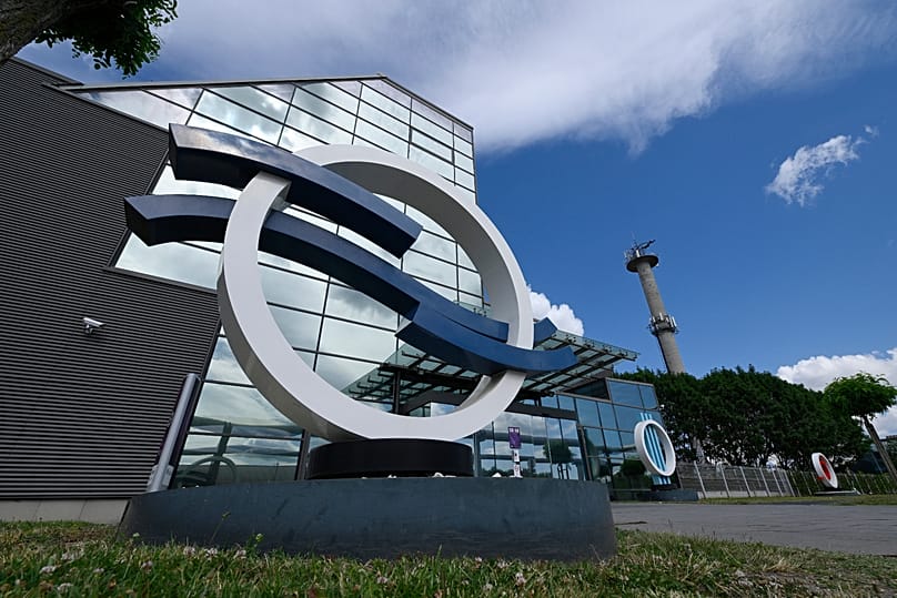 A general view of the Kunigunda Street headquarters of the Media Services and Support Trust Fund, MTVA, in Budapest, Monday, June 15, 2026. (Szilard Koszticsak/MTI via AP)