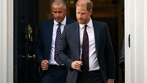 Britain's Prince Harry leaves Chatham House during a visit to the UK for a series of charity engagements in London, Tuesday, July 7, 2026.