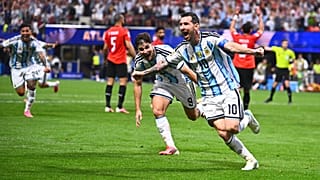 Argentina's Lionel Messi (10) celebrates scoring their second goal during the World Cup round of 16 match between Argentina and Egypt in Atlanta, Tuesday, July 7, 2026.