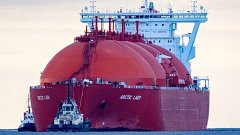 Accompanied by tugs, the LNG tanker "Arctic Lady" transports a cargo of Liquefied natural gas to the "Deutsche Ostsee" energy terminal in Sassnitz-Mukran, Germany, 2024.