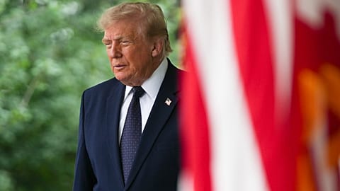 Donald Trump arrives to speak at a luncheon in the White House Rose Garden, Monday, 6 July 2026, in Washington.
