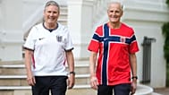 Britain's Prime Minister Keir Starmer, left, and Norway's Prime Minister Jonas Gahr Store wear team soccer jerseys as they walk prior to a meeting at the British Embassy