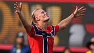 FILE - Norway's Erling Haaland celebrates scoring his side's second goal during the World Cup round of 16 soccer match between Brazil and Norway in N.J. July 5, 2026.