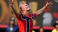 FILE - Norway's Erling Haaland celebrates scoring his side's second goal during the World Cup round of 16 soccer match between Brazil and Norway in N.J. July 5, 2026.