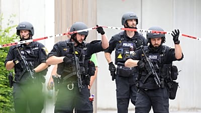 The Support Unit (USK), a specialised unit of the Bavarian police, in the grounds of the Welfen Gymnasium in Schongau, 8 July, 2026
