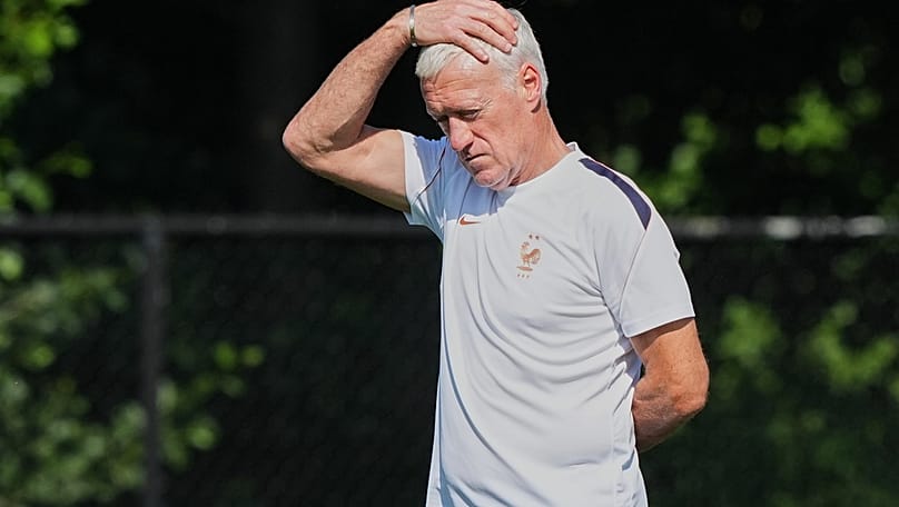 France head coach Didier Deschamps watches his players during a training session ahead of the World Cup quarterfinal match against Morocco near Boston, Wednesday, July 8, 2026