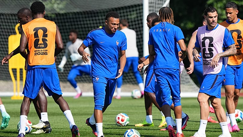 France's Kylian Mbappe exercises with his team during a training session ahead of the World Cup quarterfinal match against Morocco near Boston, Wednesday, July 8, 2026
