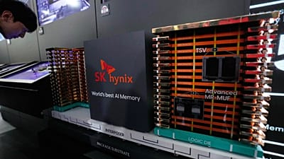 ARQUIVO. Maquete da tecnologia de memória de grande largura de banda (HBM) da SK hynix exposta no World IT Show, no COEX, em Seul, Coreia do Sul, 25 abril 2025