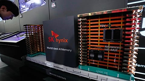 FILE. A model of SK hynix's high-bandwidth memory (HBM) technology is displayed during the World IT Show at COEX in Seoul, South Korea, 25 April 2025