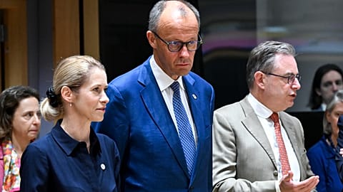 The EU's High Representative Kaja Kallas with Chancellor of Germany Friedrich Merz at the European Council meeting on 19 June 2026, Brussels, Belgium.