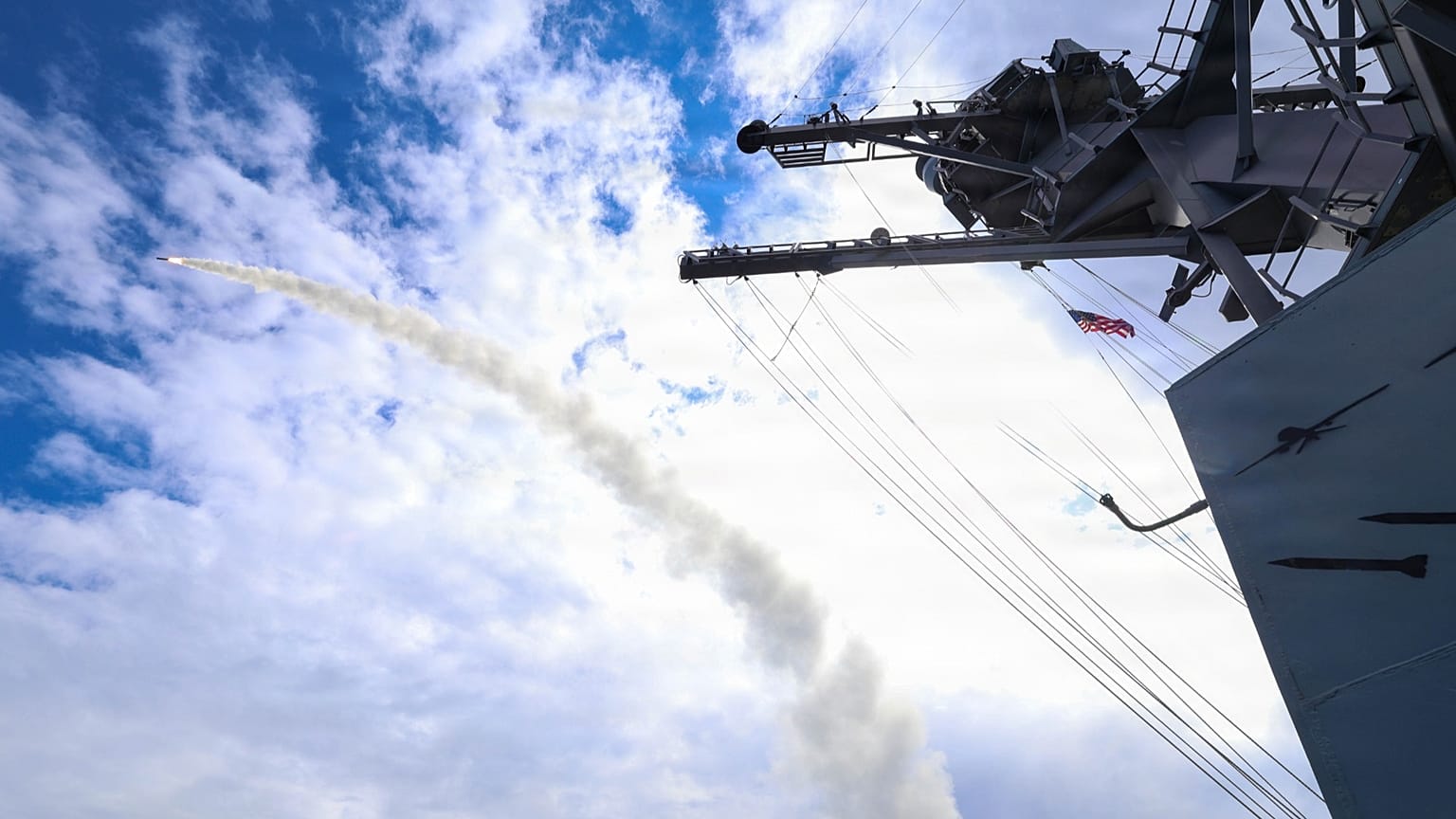 The guided-missile destroyer USS Thomas Hudner firing a Tomahawk Land Attack Missile in support of Operation Epic Fury, 1 March, 2026