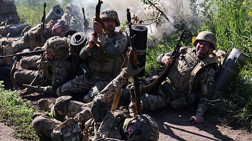 Soldiers practice military skills at a training ground near the frontline in the Zaporizhzhia region, 5 July, 2026