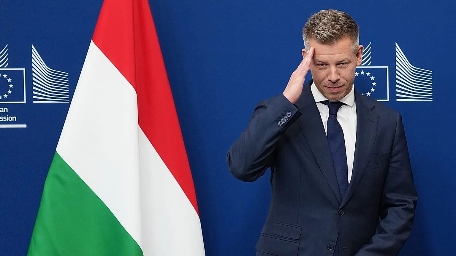 Hungary's Prime Minister Peter Magyar gestures as he is greeted by European Commission President Ursula von der Leyen prior to a meeting at EU headquarters in Brussels.
