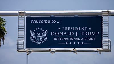 A sign displaying the name of the rebranded Donald J. Trump International Airport in West Palm Beach, 9 July, 2026
