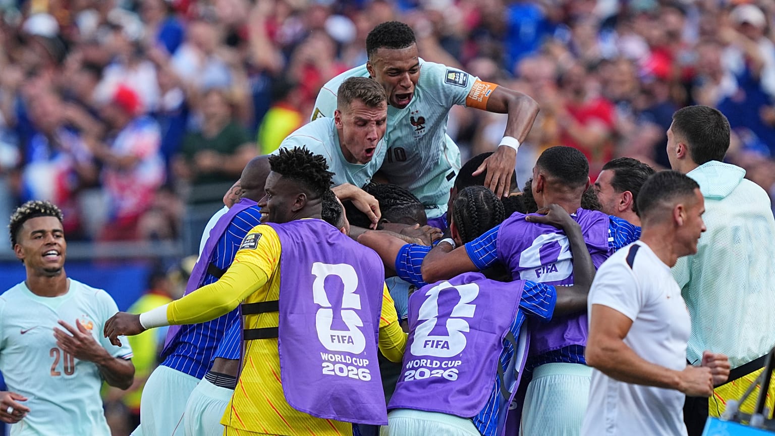 Celebration after Ousmane Dembele scored France's second goal during the World Cup quarterfinal match against Morocco in Foxborough, Thursday, July 9, 2026.