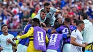 Celebration after Ousmane Dembele scored France's second goal during the World Cup quarterfinal match against Morocco in Foxborough, Thursday, July 9, 2026.