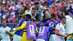 Celebration after Ousmane Dembele scored France's second goal during the World Cup quarterfinal match against Morocco in Foxborough, Thursday, July 9, 2026.