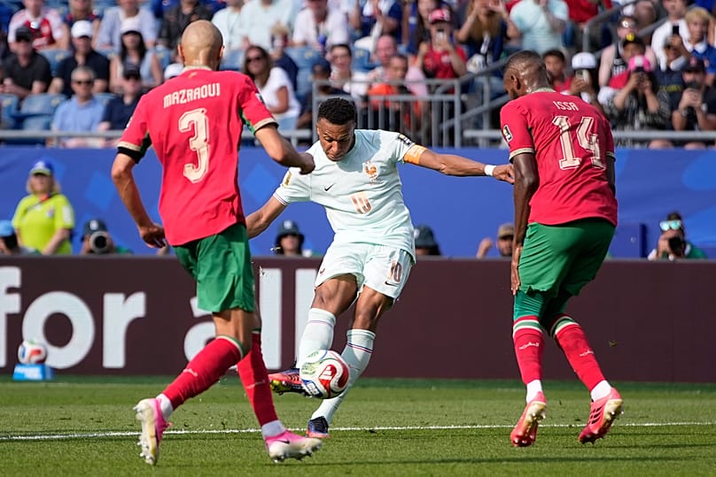 France's Kylian Mbappe scores the opening goal during the World Cup quarterfinal match between France and Morocco in Foxborough, near Boston, Thursday, July 9, 2026. 