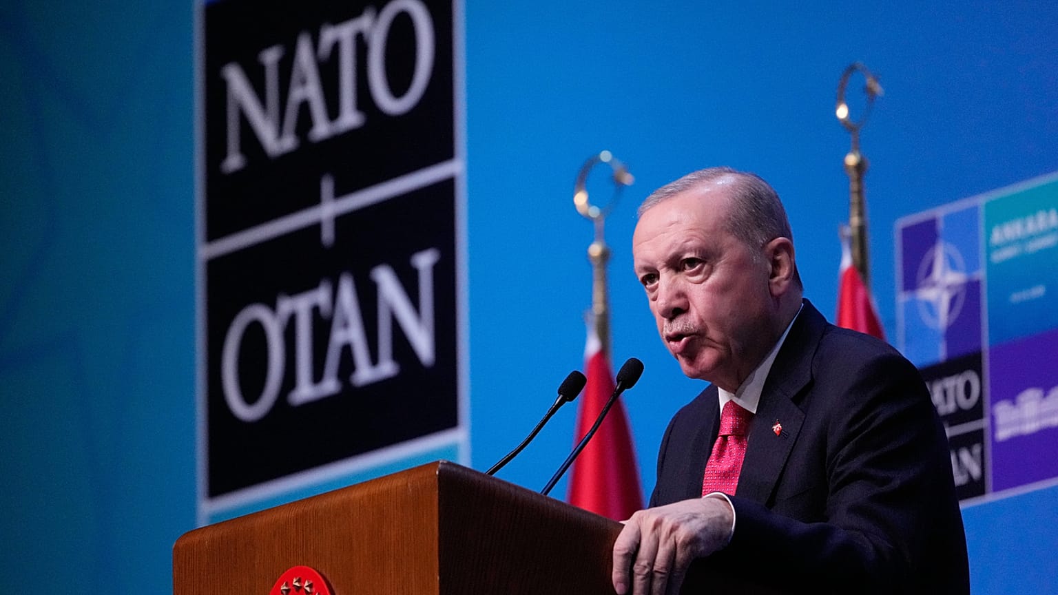 Turkish President Recep Tayyip Erdogan speaks during a media conference at the NATO summit in Ankara, Turkey, Wednesday, July 8, 2026.