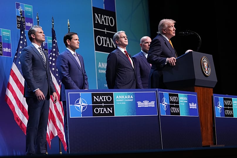 President Donald Trump speaks during a media conference at the NATO summit in Ankara, Turkey, Wednesday, July 8, 2026.