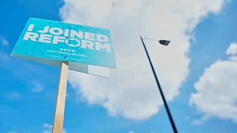 A Reform UK political sign put up by the householder to show support ahead of local council elections in London, 6 May, 2026