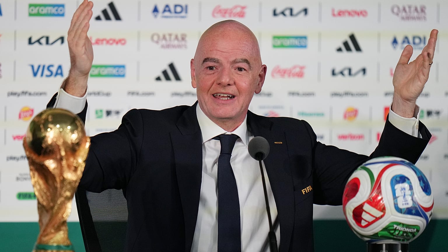 FIFA President Gianni Infantino speaks during a news conference at the stadium in Mexico City, Wednesday, June 10, 2026.