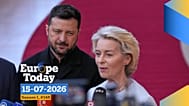Volodymyr Zelenskyy and Ursula von der Leyen talk to journalists as they arrive for the EU summit in Brussels, Thursday, June 18, 2026.