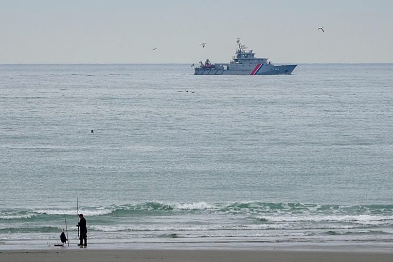 A vessel of the French Gendarmerie Nationale patrols in front of the Wimereux beach, 4 September, 2024