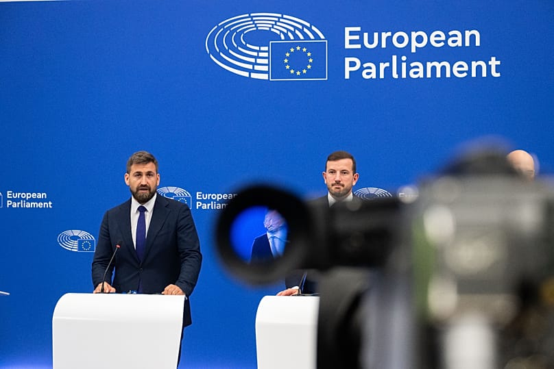 MEP lead negotiators Andrey Novakov (EPP) and Virginijus Sinkevicius (Greens/EFA/LT) during a press conference about air passenger rights