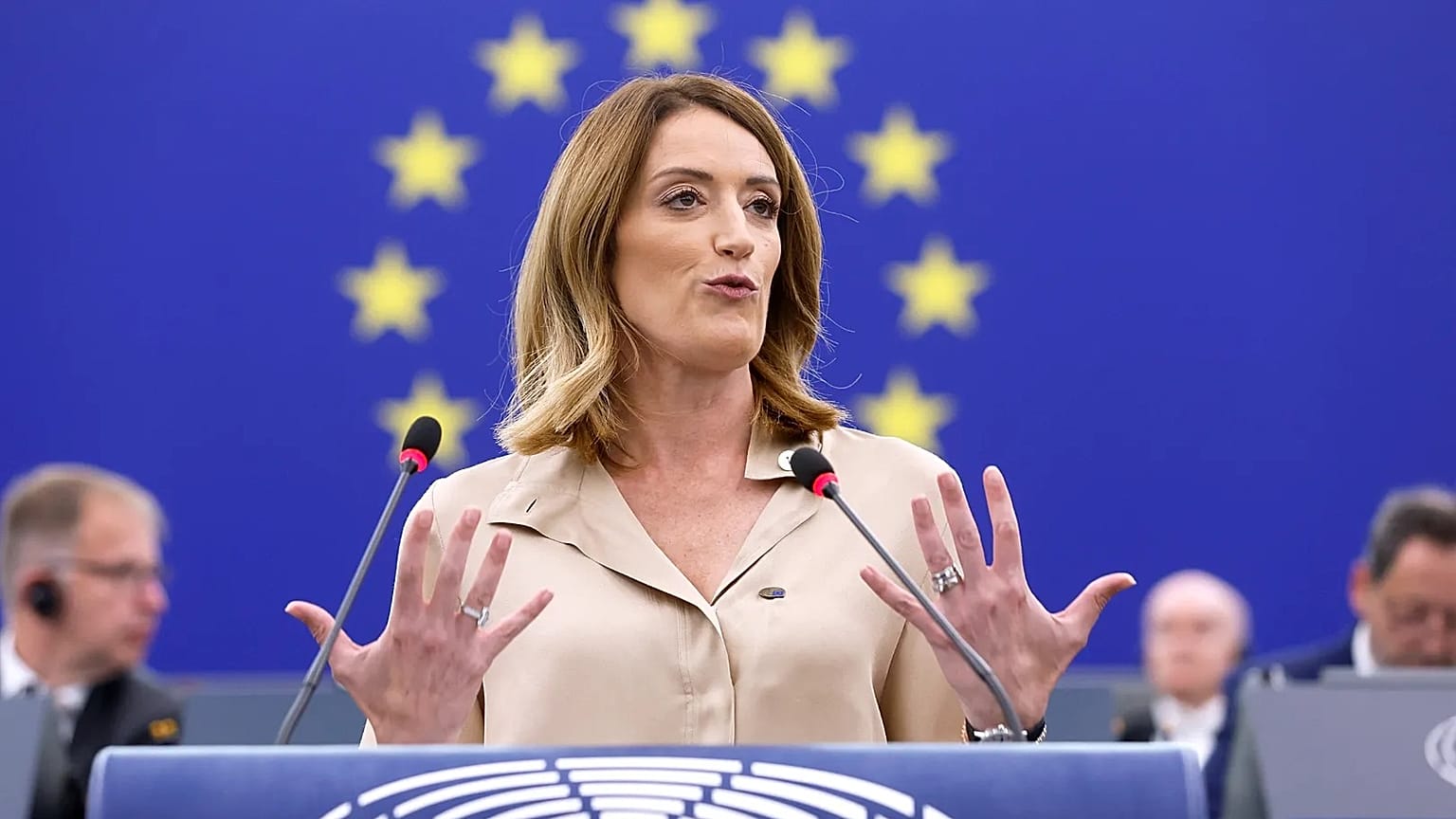 Roberta Metsola is president of the European Parliament since 2022. 