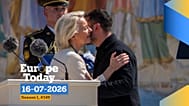 Ukrainian President Volodymyr Zelenskyy, right, greets European Commission President Ursula von der Leyen in Kyiv, Ukraine, Wednesday, July 15, 2026.