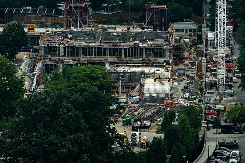 Construction on the new White House ballroom is seen from the Washington Monument, 9 July, 2026