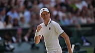 Jannik Sinner of Italy celebrates a point against Novak Djokovic of Serbia in their men's singles semifinal match at Wimbledon, 10 July, 2026