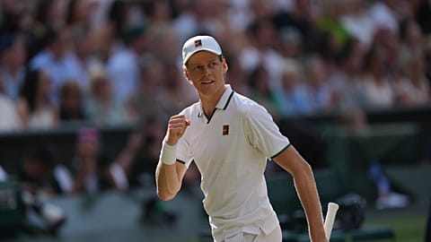 Jannik Sinner of Italy celebrates a point against Novak Djokovic of Serbia in their men's singles semifinal match at Wimbledon, 10 July, 2026