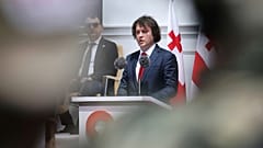 FILE: Georgia's Prime Minister Irakli Kobakhidze speaks during the Independence Day celebrations in Tbilisi, 26 May 2025