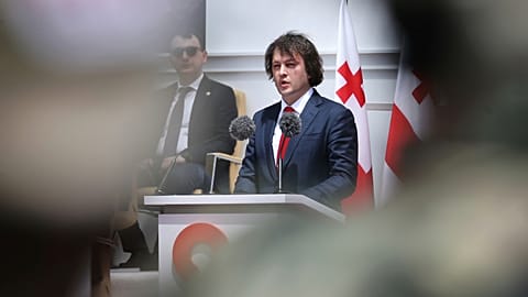 FILE: Georgia's Prime Minister Irakli Kobakhidze speaks during the Independence Day celebrations in Tbilisi, 26 May 2025