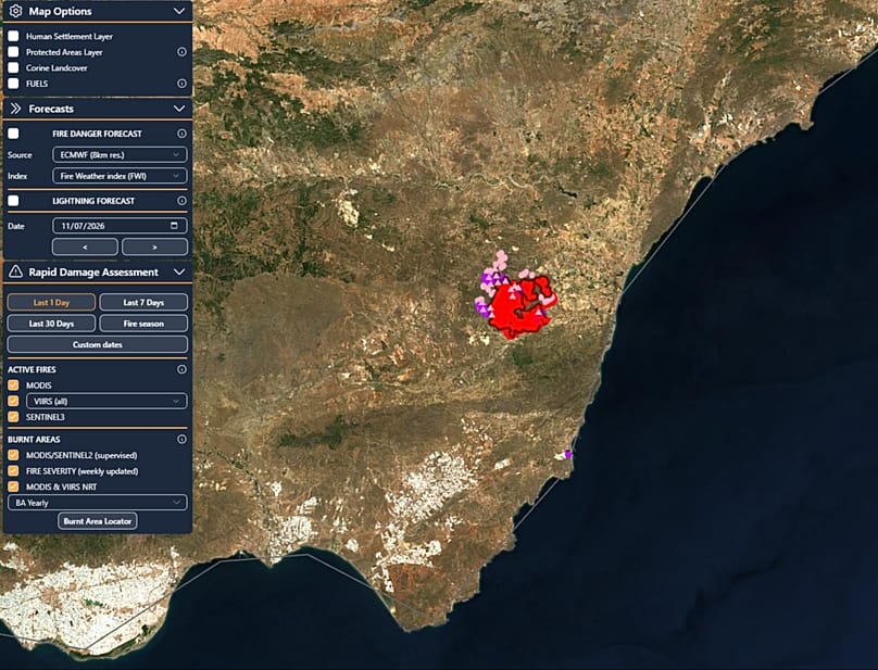 Imagen de EFFIS - Copernicus de la dimensión del fuego de Almería, 11 de julio de 2026