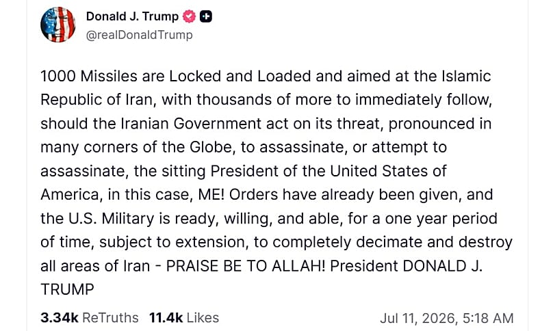 Screenshot of a post on US President Donald Trump's Truth Social account