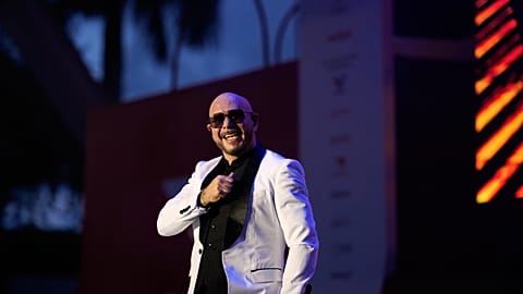Pitbull gestures as he performs between World Cup matches, at a public watch party at Bayfront Park in downtown Miami, Saturday, 13 June, 2026.