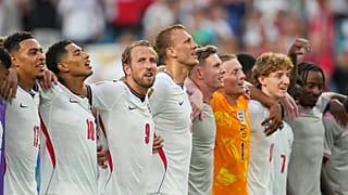 Players of England celebrate defeating Norway in a World Cup quarterfinal soccer match in Miami Gardens, Fla., Saturday, July 11, 2026.
