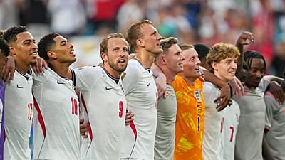 Players of England celebrate defeating Norway in a World Cup quarterfinal soccer match in Miami Gardens, Fla., Saturday, July 11, 2026.