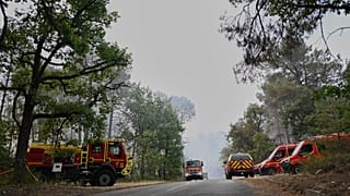 Fire trucks are parked near the scene of a wildfire in the region of the historic Fontainebleau forest, 13 July, 2026 