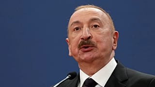 FILE: Azerbaijan President Ilham Aliyev speaks during a press conference at the Serbia Palace in Belgrade, 15 February 2026