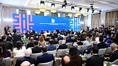 Azerbaijan's President Ilham Aliyev speaks at the Shusha Global Media Forum in Shusha, 13 July 2026