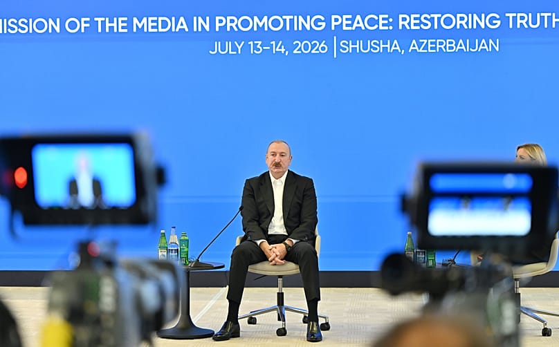 Azerbaijan's President Ilham Aliyev speaks at the Shusha Global Media Forum in Shusha, 13 July 2026
