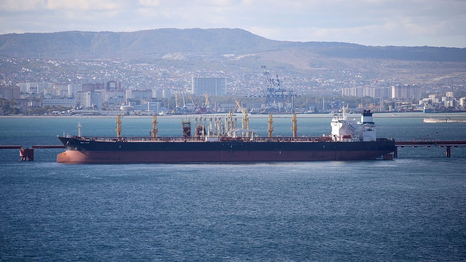 An oil tanker is moored at the Sheskharis complex, part of Chernomortransneft JSC, a subsidiary of Transneft PJSC, in Novorossiysk, Russia, on Oct. 11, 2022. 