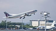 A Qatar Airways plane takes off from Leipzig/Halle Airport, Friday, July 18, 2025, Saxony, Schkeuditz. 