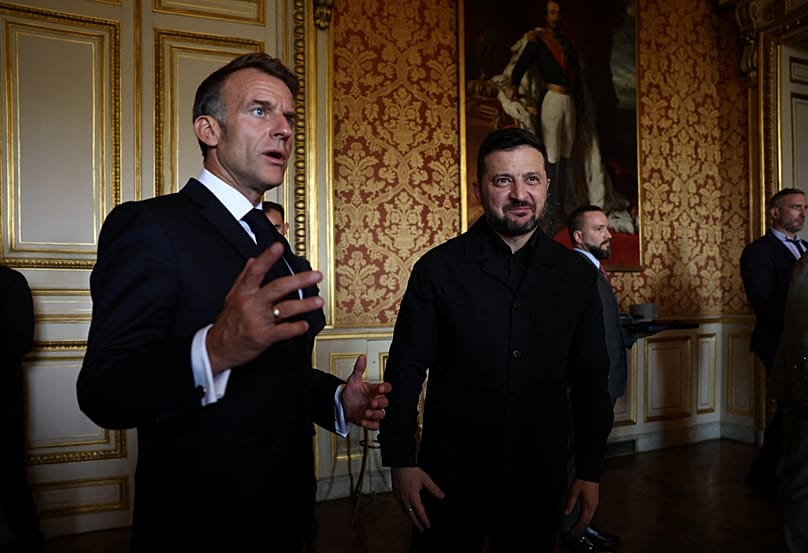French President Emmanuel Macron talks with Ukrainian President Volodymyr Zelenskyy during a meeting in Paris, 13 July, 2026